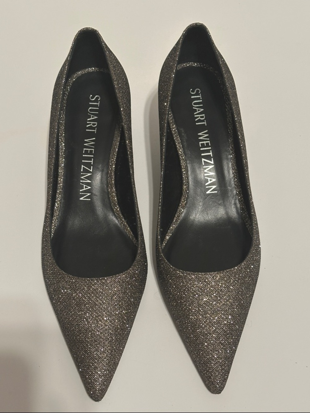 Stuart Weitzman Glitter Pointed-Toe Pumps in Metallic Silver